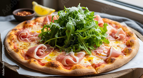 Pizza topped with prosciutto and fresh arugula sits on a wooden board ready for a meal service.
