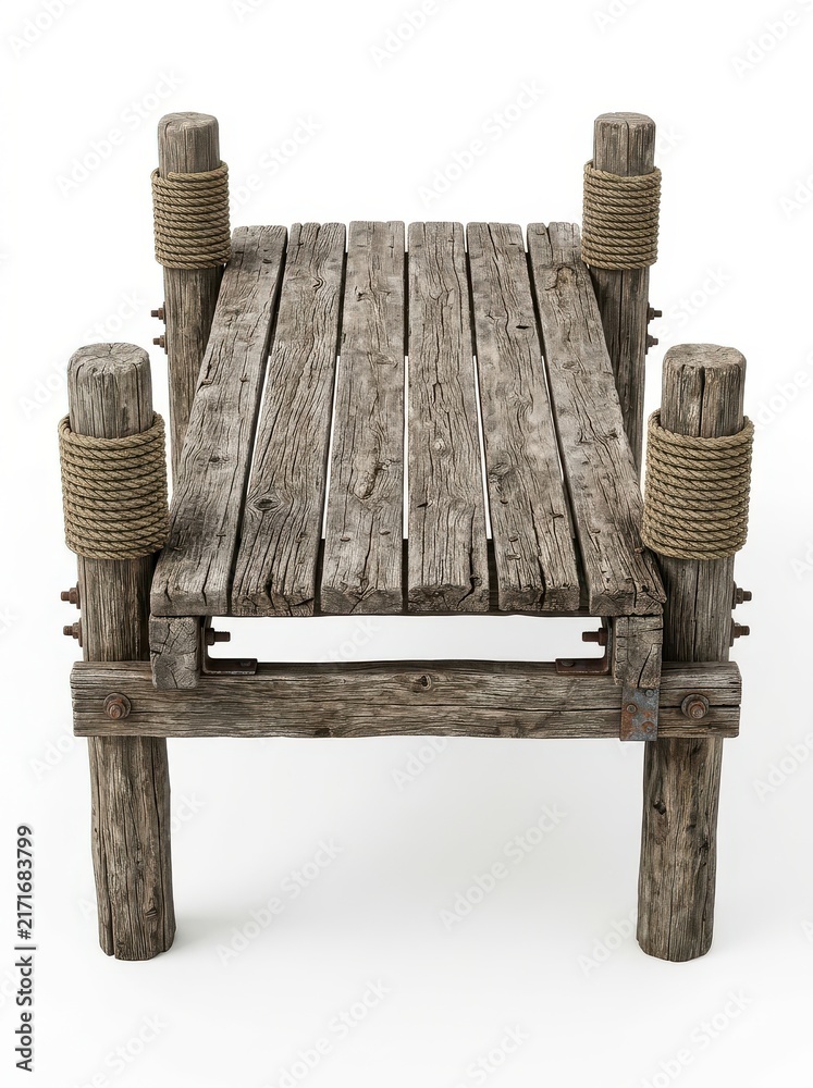 Obraz premium Rustic Weathered Wooden Dock with Rope Details Isolated on White Background for Nautical Design and 3D Rendering