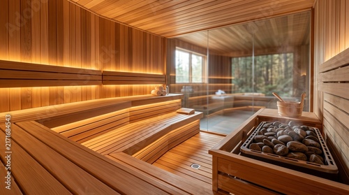 Luxury Wooden Sauna Room Interior Electric Heater Glass Window