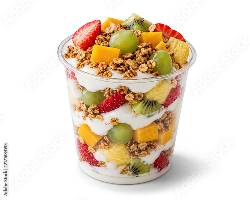 Fresh Fruit Yogurt Parfait with Granola Isolated on White