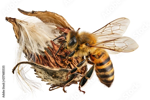 Macro shot of a honey bee foraging on a dried milkweed seed pod isolated on white background
