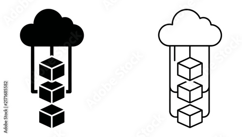 Cloud Data Storage Icons: A set of two stylized icons representing cloud data storage, one solid black and one outlined white, showing cubes descending from a cloud.