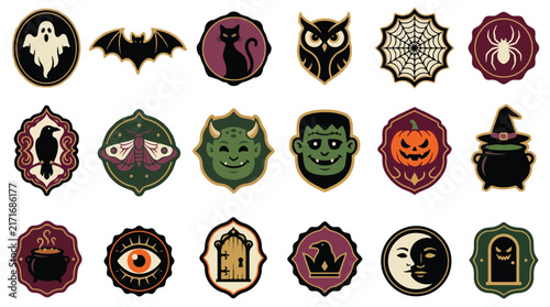 Obraz na plátně Vintage Halloween Icons Set, Retro Holiday Badges, Spooky Monsters, Ghost, Bat,