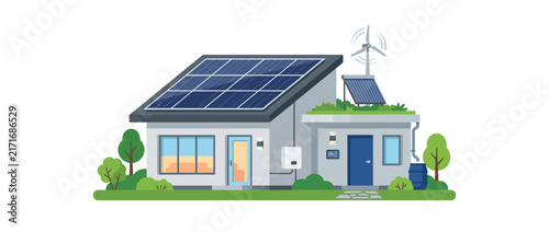 Quadro su tela Eco-friendly house with solar panels and wind turbine, green energy concept