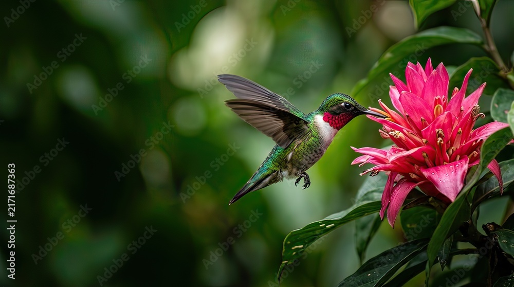 Naklejka premium Hummingbird feeding on vibrant pink flower in lush greenery