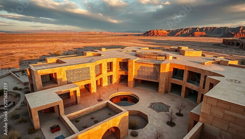 High angle view of modern curved sandstone desert resort with circular courtyard pool