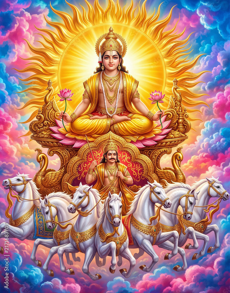 Obraz premium Glorious divine entity in Hinduism radiating bright golden light while seated on a beautifully decorated chariot