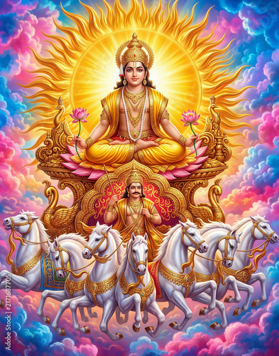 Glorious divine entity in Hinduism radiating bright golden light while seated on a beautifully decorated chariot