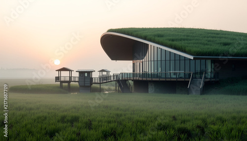 Sleek modern eco pavilion with sweeping green living roof over misty marshland at sunrise