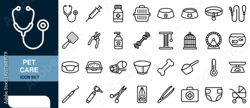 Pet Care Icon Set with Medical Tools, Grooming Supplies Featuring Icons, Animal