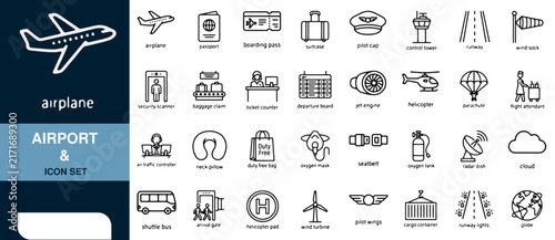 Airport and Travel Icon Set with Airplane, Baggage, Runway Featuring Boarding
