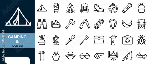 Camping and Icon Set with Outdoor Adventure Symbols and Camping Gear