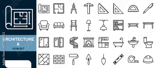 Architecture and Icon Set with Building, Furniture Featuring Drafting, Tools