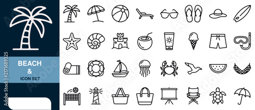 Beach Icon Set with Palm Tree, Seashells, and Summer Elements