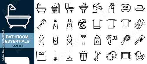 Bathroom Essentials Icon Set with Various Outline Symbols and Objects