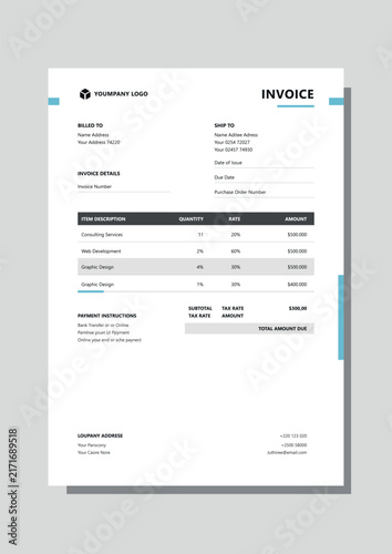 Corporate Business Invoice Template Design with Modern Blue Accent Lines, Itemized Billing Table, and Clean Professional Layout Structure