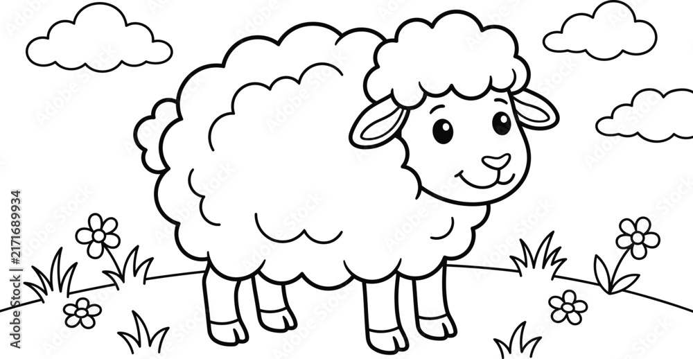 Obraz premium Cute cartoon lamb standing in a grassy field with fluffy clouds overhead