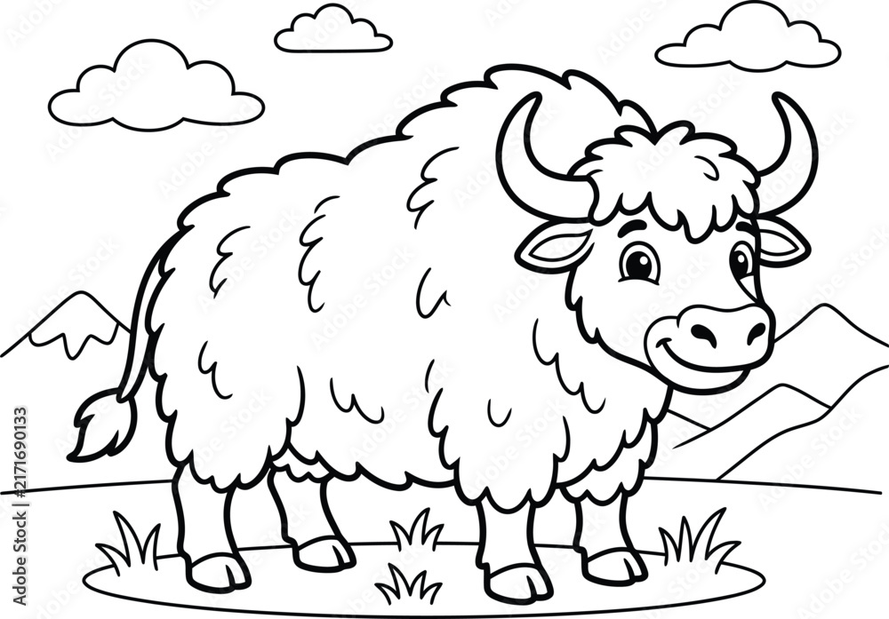 Obraz premium Line art illustration of a yak standing in a grassy field with mountains