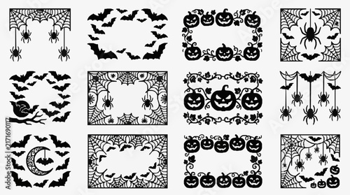 Corporate Halloween Themed Black and White Cut Out Designs Featuring Spiders Bats Jack O Lanterns and Intricate Patterns for Decorations