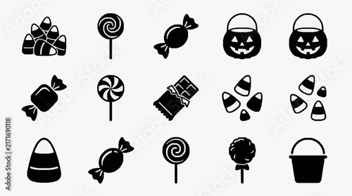 Corporate Halloween Themed Black and White Icon Set of Classic Treats and Decorations for Marketing Materials