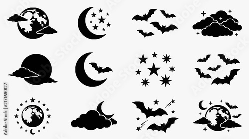 Corporate Halloween Themed Black and White Icons Set Featuring Moons Bats Stars Clouds and Planets for Branding and Design