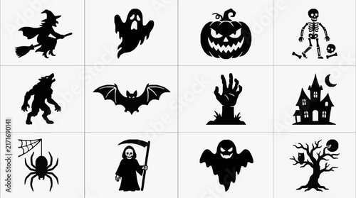 Corporate Halloween Themed Black and White Icons Set for Marketing Branding and Design Projects