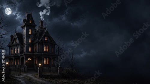 Haunted Gothic Mansion Under Full Moon with Smoky Chimney Against Dark Stormy Sky, Eerie Halloween Night Atmosphere with Wide Copy Space
