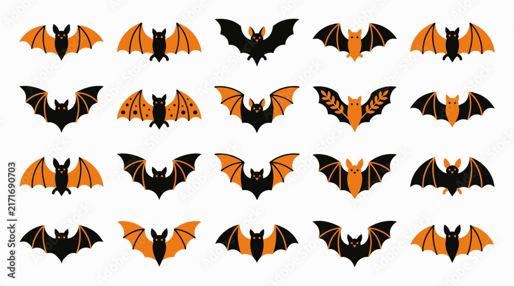 Fototapeta premium Set of cute cartoon bats in black and orange colors for halloween design elements and holiday decorations