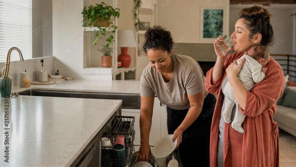 Obraz premium Woman helping a new mother with housework by loading the dishwasher while the friend drinks water and holds a baby in the kitchen. Support and postpartum care at home concept.