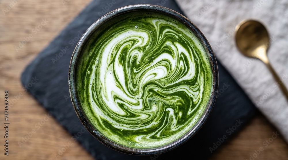 Obraz premium Close-Up Swirl of Matcha Green Tea Latte in Bowl