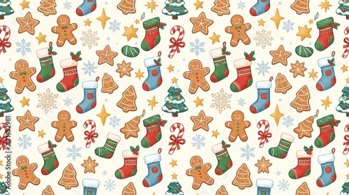 Christmas tree shapes and festive socks repeat across a light background with gingerbread figures.