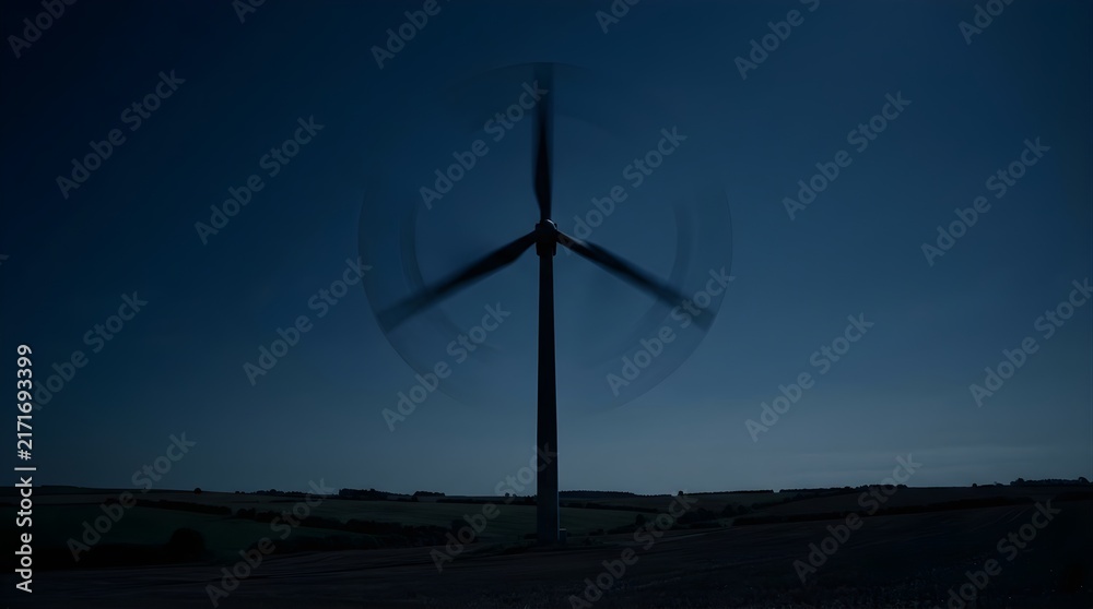 Obraz premium Wind turbine spinning in a dark landscape at twilight for renewable energy