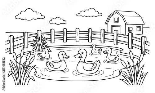 Fotografie Ducks coloring page swimming in a farm pond with a barn and fence