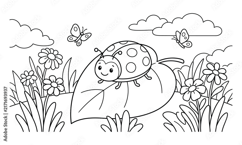 Fototapeta premium Ladybug coloring page sitting on a large leaf with flowers and butterflies. Simple black and white line art illustration for kids coloring book and nature worksheet.