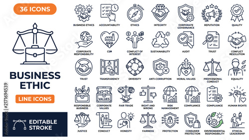 Business Ethic line editable icon set. Containing business, ethic, trust, compliance, integrity, moral, honesty, equality, justice, transparency, fairness, and more. Vector illustration	

