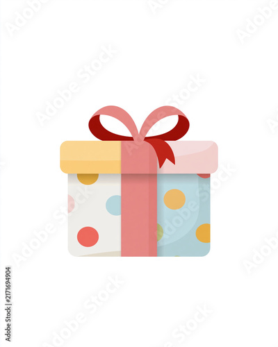 Cute gift box with colorful polka dots. Red ribbon ties a festive bow. Soft pastel hues make it cheerful. Perfect for birthdays, holidays, or gifts. Ideal for marketing, gift ideas