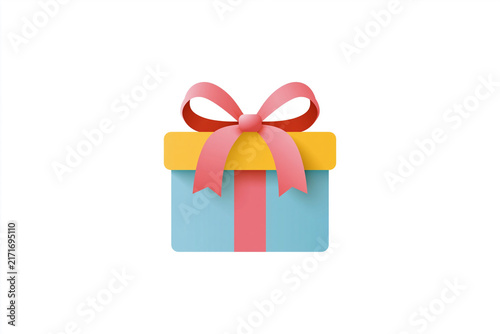 Blue gift box with yellow lid and pink ribbon bow. Soft pastel colors create cheerful, festive vibe. Perfect for birthdays, holidays, or gift-related campaigns