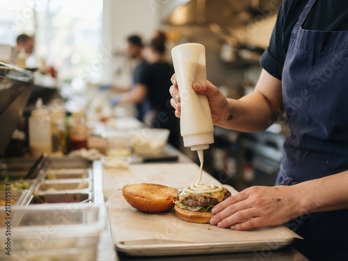 Artisan Chef Carefully Applying Creamy Sauce to a Gourmet Burger in a Professional Restaurant Kitchen Setting for a Delicious Culinary Presentation