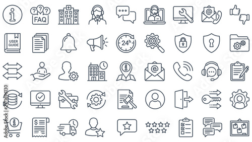 Info and customer support line editable icon set. Containing information, help desks, call centers, support, assistance, technical support, faq and more. Editable stroke. Vector illustration

