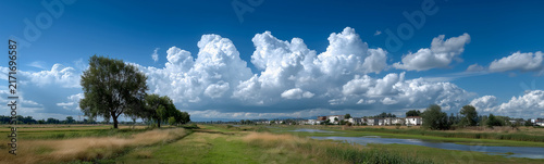 Expansive Rural Panorama A breathtaking panoramic vista of a rural landscape under a dramatic sky filled with towering cumulus clouds.