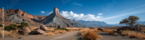 Monument Valley Vista A sweeping panoramic view of a majestic desert landscape, featuring striking rock formations and a vast, clear blue sky, capturing the raw beauty of nature's artistry.