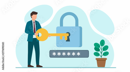 Digital security concept with man holding key to unlock padlock and password