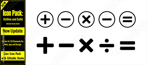 Minimalist Update Icon Vector Mathematics calculation operator icon pack with black addition subtraction multiplication and division symbols for educational mobile app design.