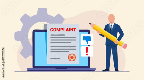 фотографія Businessman Filing Online Complaint Form on Laptop with Icons