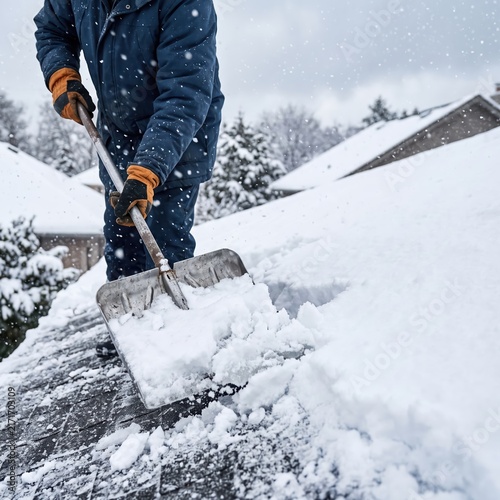 Man in winter workwear shoveling snow from house roof after heavy snowfall. Roof snow removal service and home maintenance concept. Worker with safety rope clearing rooftop.