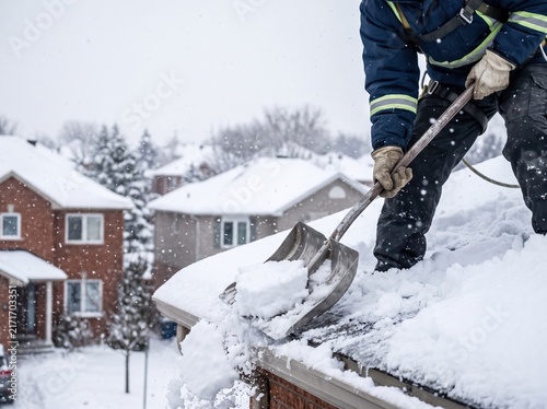 Man removing snow from roof with shovel during heavy snowfall. Worker cleaning rooftop in winter. Protection of house from snow load and natural disaster concept.