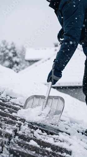 Man in winter workwear shoveling snow from house roof after heavy snowfall. Roof snow removal service and home maintenance concept. Worker with safety rope clearing rooftop.