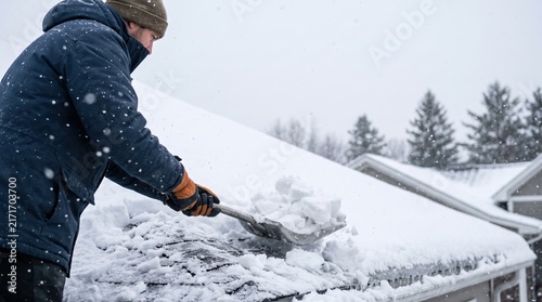 Man removing snow from roof with shovel during heavy snowfall. Worker cleaning rooftop in winter. Protection of house from snow load and natural disaster concept.
