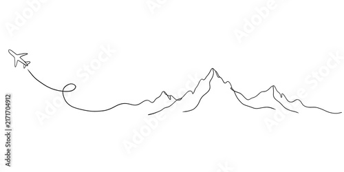 Minimalist line drawing of airplane journey over mountains