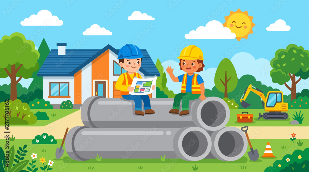 Naklejka premium Construction workers sitting on large concrete pipes at a building site with a house under construction in the background.